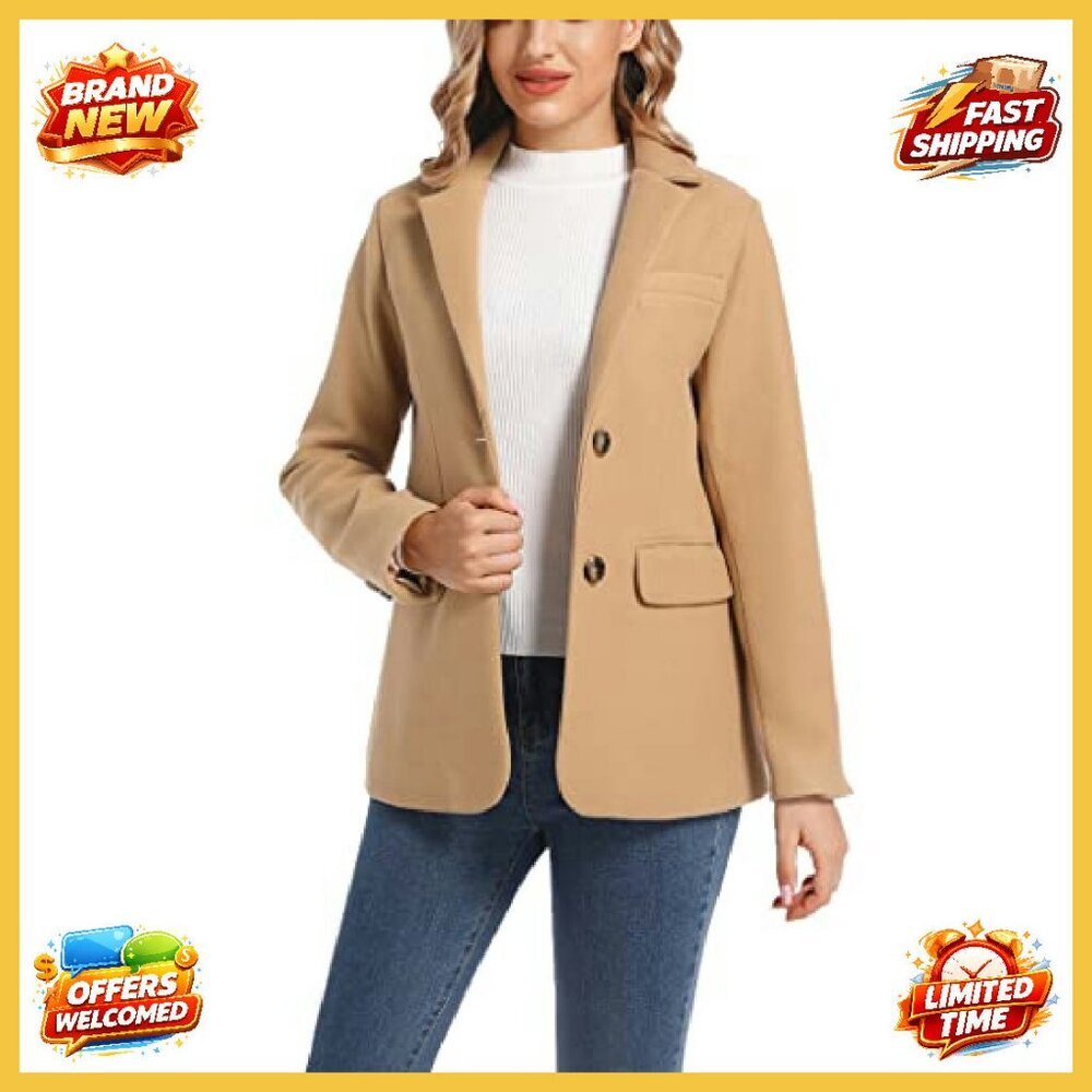 Wool Blend Blazer Notch Lapel Two Button Business Casual Chic Classic - Picture 2 of 6